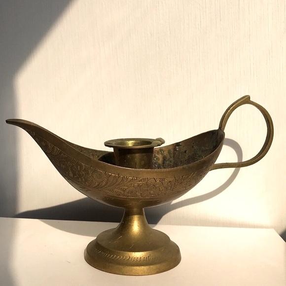 Vintage Brass Aladdin Style Candleholder Etched